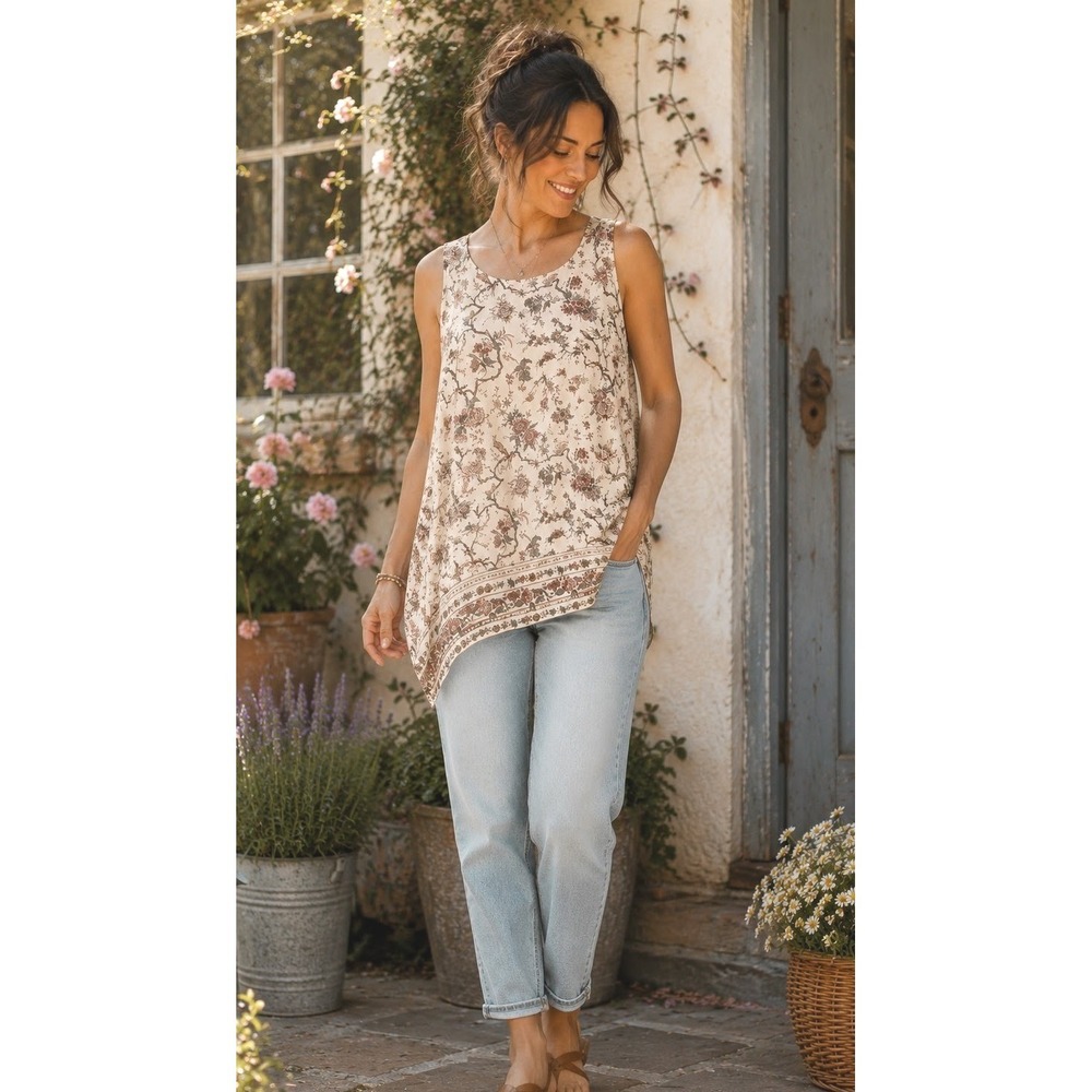 Earthy Floral Sheer Lined Tunic Top XL Bird Print Botanical Boho Cottagecore